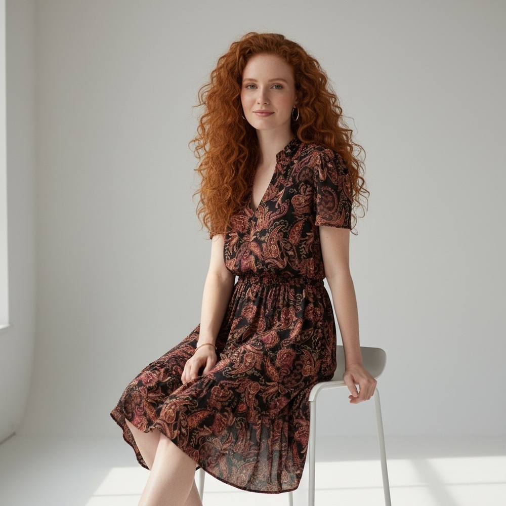 Devoted Rust Paisley Fit & Flare Dress Size S